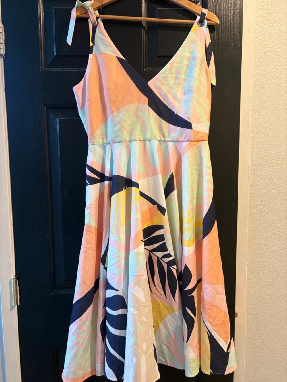 Modcloth Colorblock Tropical Tie-Shoulder Dress - Peach, Navy & Yellow